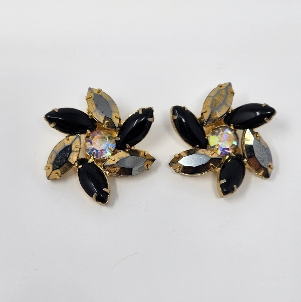 VINTAGE RINESTONE BLACK AND GOLD CLIP-ON EARRINGS